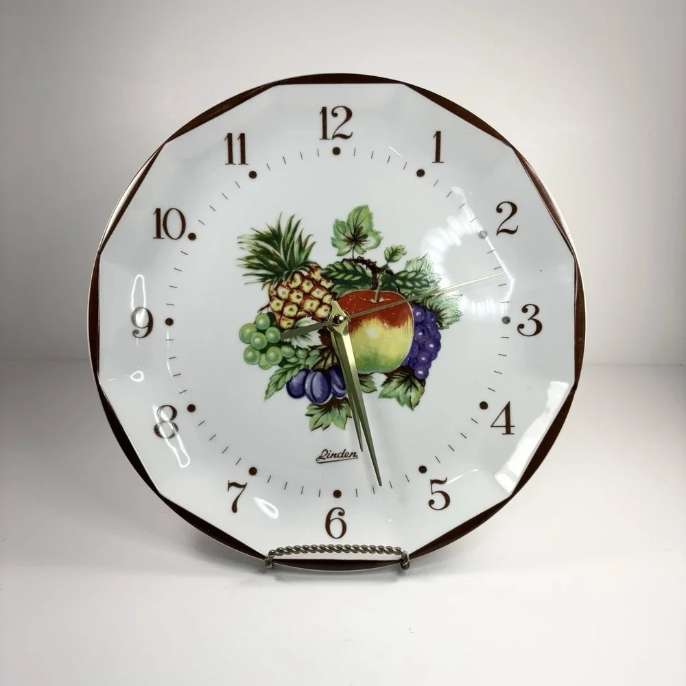 Vintage Linden brand Ceramic wall clock with a fruit motif Round 10.5